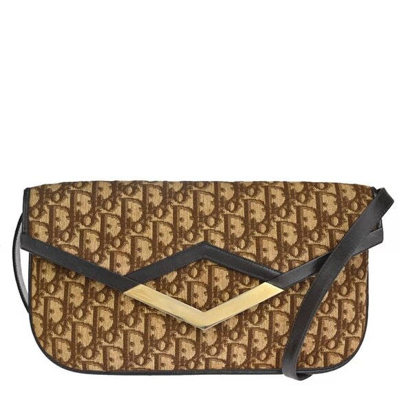CHRISTIAN DIOR Trotter Pattern 2way Clutch Hand Bag Canvas Leather Brown 33EF008 - Picture 1 of 16